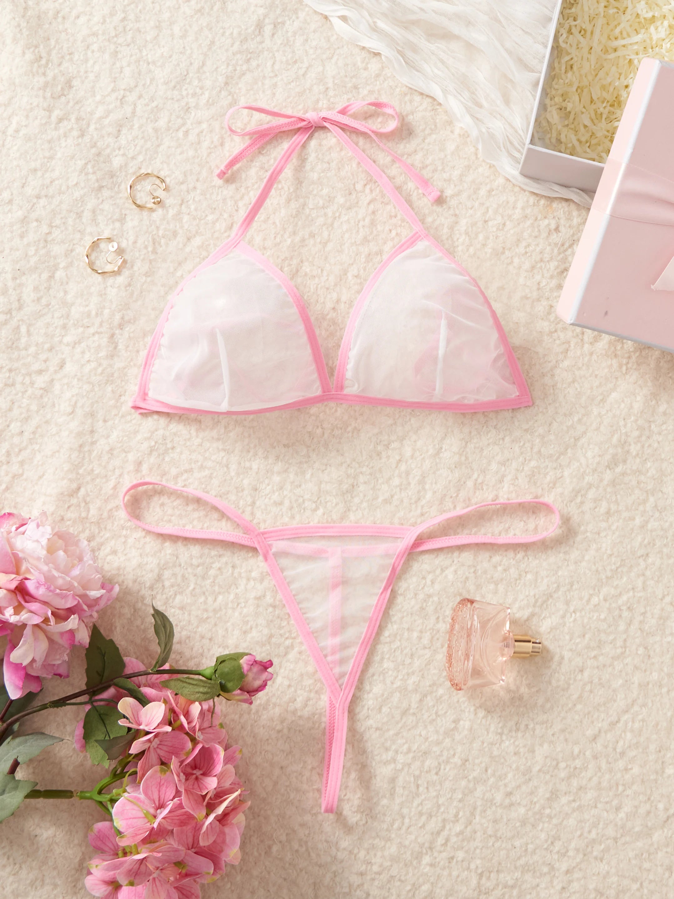 Red Transparent Color Blocked Mesh Hanging Neck Strap Bra Two-piece Sexy Women Deep V Bikini Style Underwear Set Erotic Costumes
