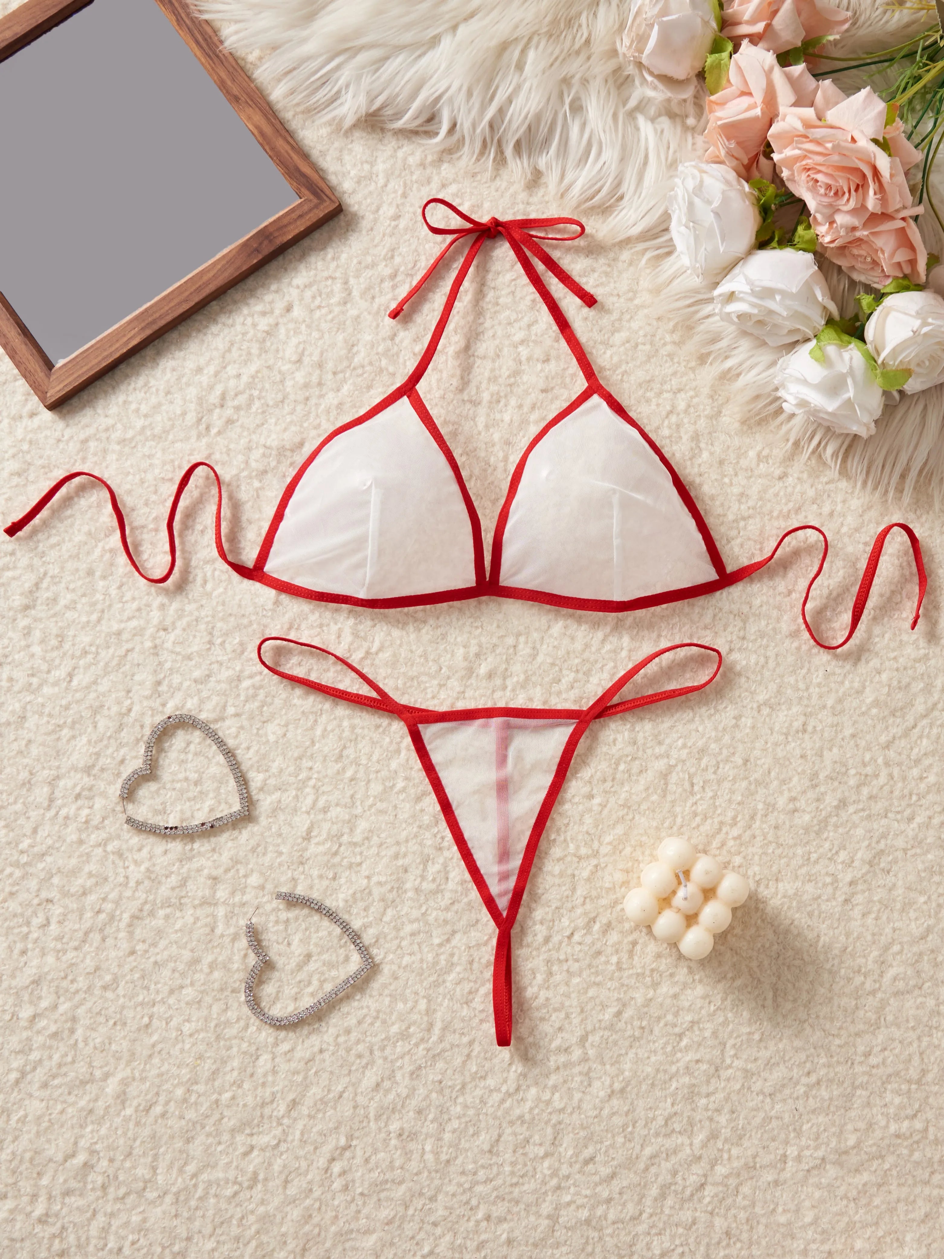 Red Transparent Color Blocked Mesh Hanging Neck Strap Bra Two-piece Sexy Women Deep V Bikini Style Underwear Set Erotic Costumes