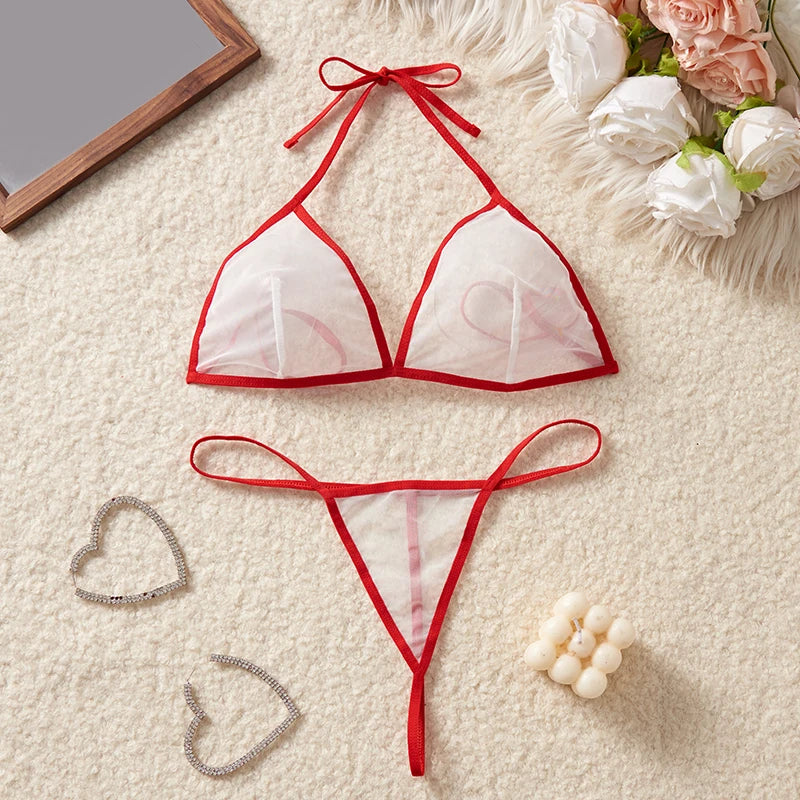Red Transparent Color Blocked Mesh Hanging Neck Strap Bra Two-piece Sexy Women Deep V Bikini Style Underwear Set Erotic Costumes