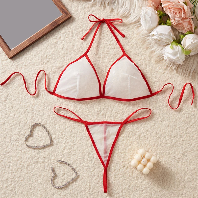 Red Transparent Color Blocked Mesh Hanging Neck Strap Bra Two-piece Sexy Women Deep V Bikini Style Underwear Set Erotic Costumes