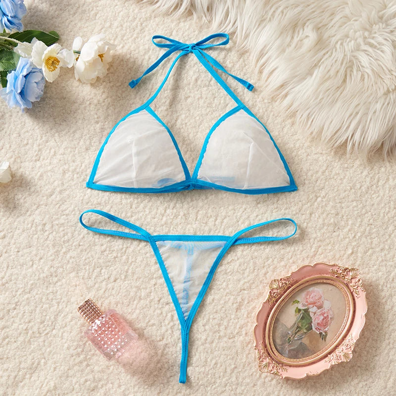 Red Transparent Color Blocked Mesh Hanging Neck Strap Bra Two-piece Sexy Women Deep V Bikini Style Underwear Set Erotic Costumes