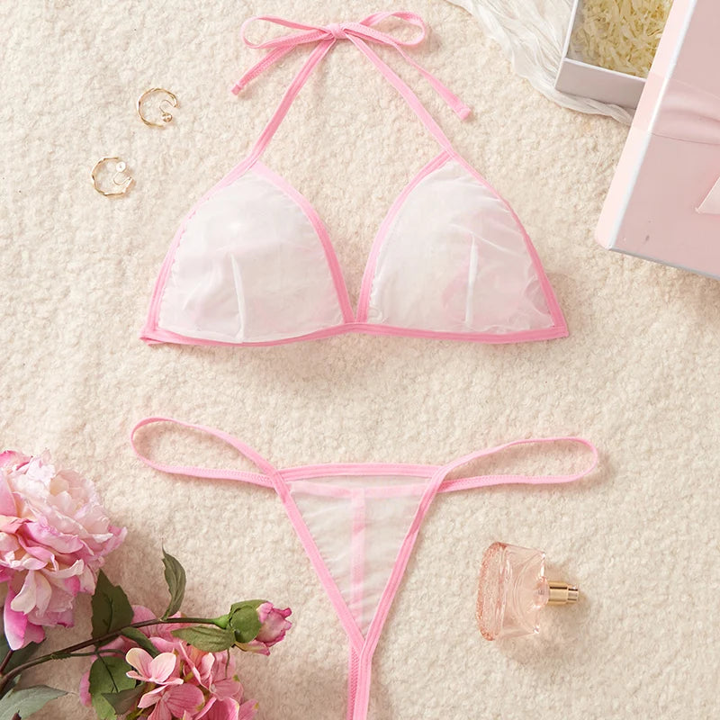 Red Transparent Color Blocked Mesh Hanging Neck Strap Bra Two-piece Sexy Women Deep V Bikini Style Underwear Set Erotic Costumes