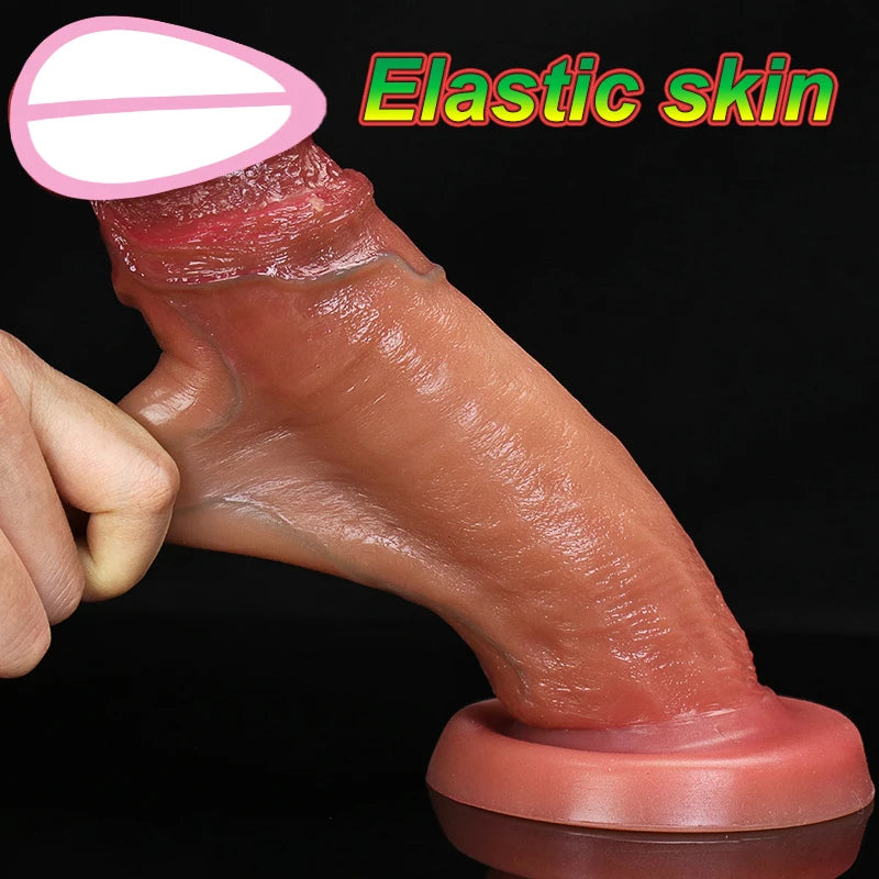 Realistic Dual Silicone Dildo with Suction Cup – Foreskin Design