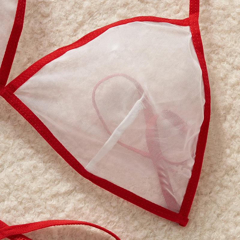 Red Transparent Color Blocked Mesh Hanging Neck Strap Bra Two-piece Sexy Women Deep V Bikini Style Underwear Set Erotic Costumes