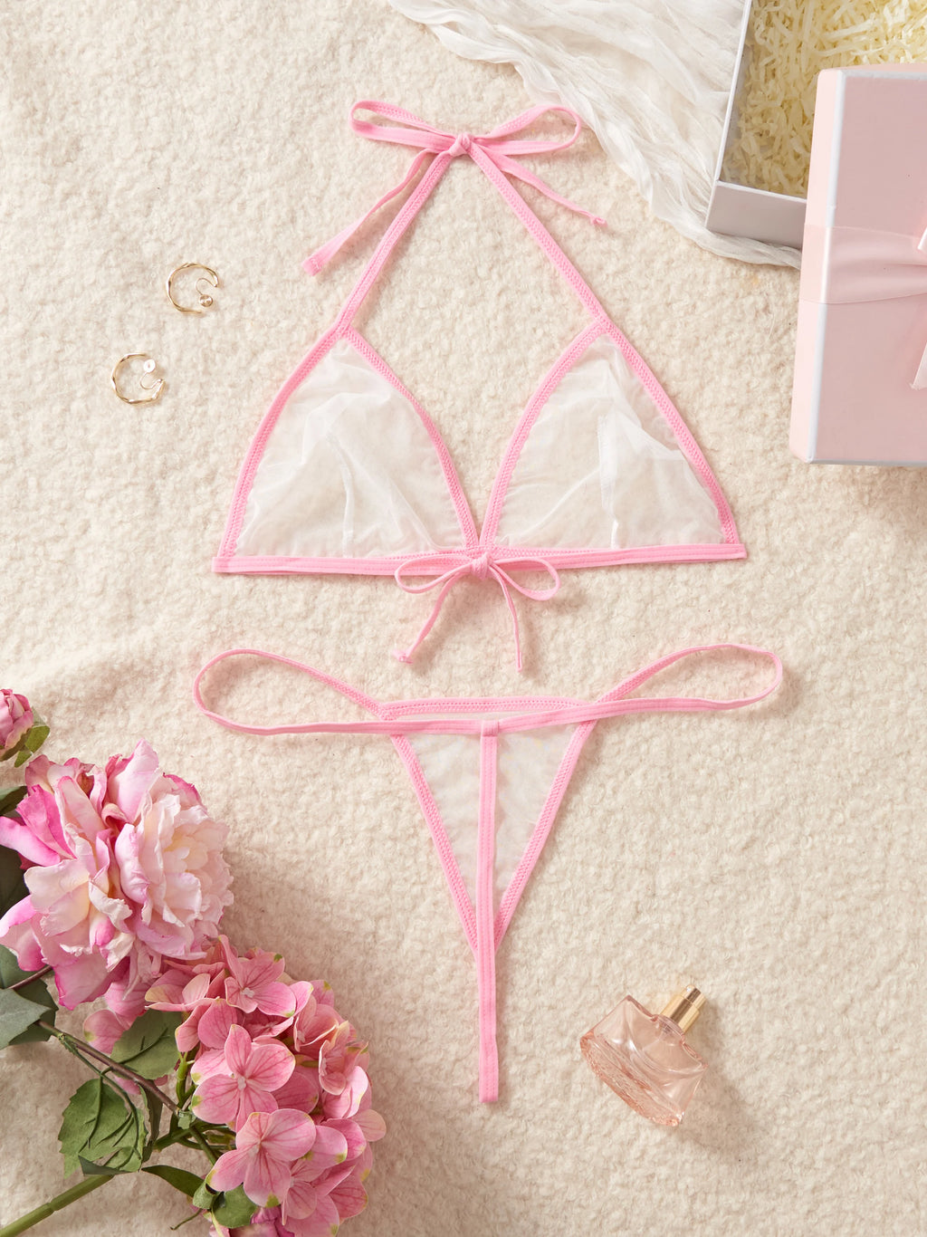 Red Transparent Color Blocked Mesh Hanging Neck Strap Bra Two-piece Sexy Women Deep V Bikini Style Underwear Set Erotic Costumes