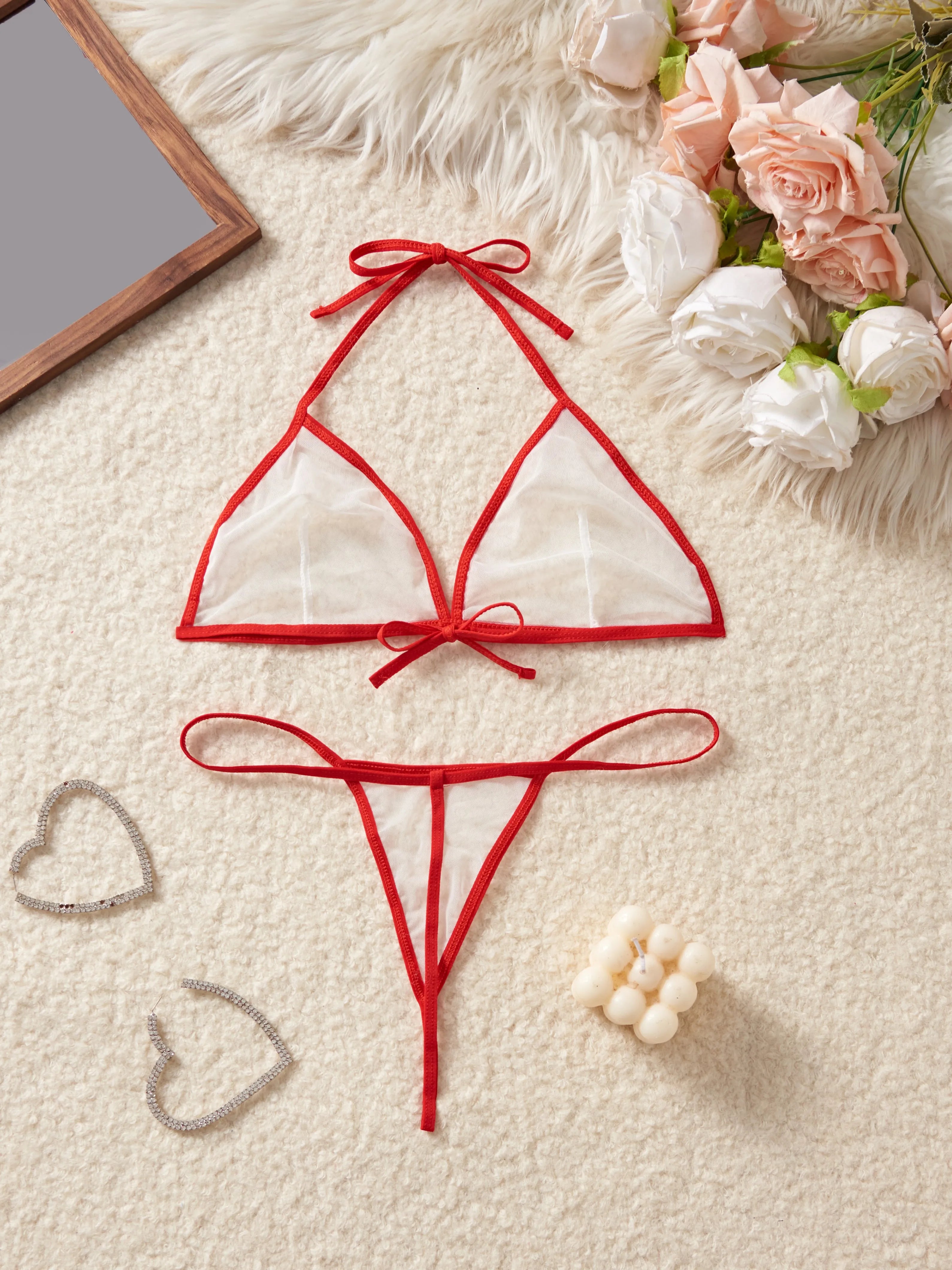 Red Transparent Color Blocked Mesh Hanging Neck Strap Bra Two-piece Sexy Women Deep V Bikini Style Underwear Set Erotic Costumes