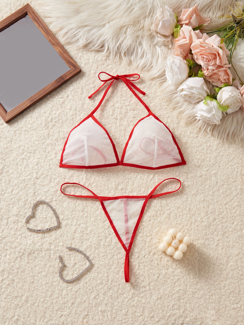 Red Transparent Color Blocked Mesh Hanging Neck Strap Bra Two-piece Sexy Women Deep V Bikini Style Underwear Set Erotic Costumes