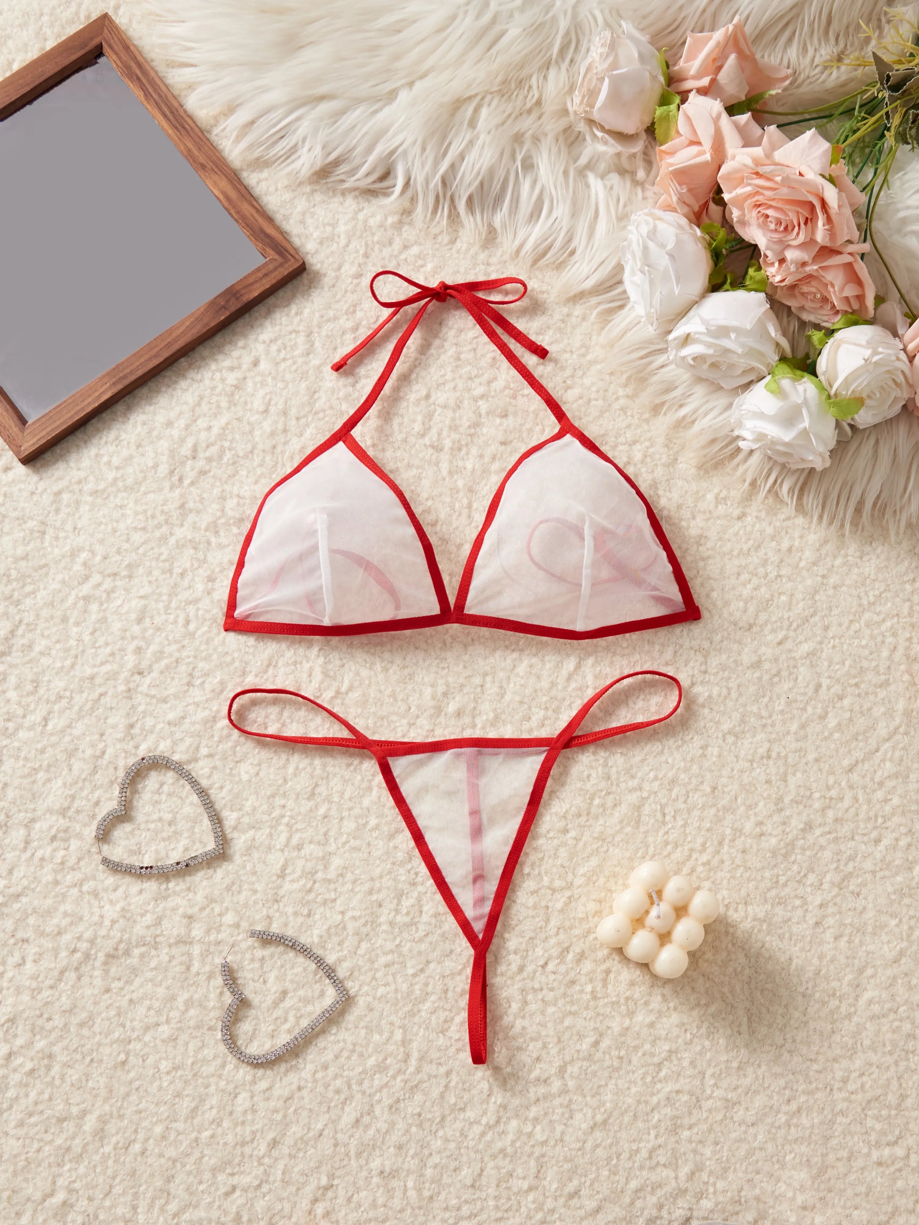 Red Transparent Color Blocked Mesh Hanging Neck Strap Bra Two-piece Sexy Women Deep V Bikini Style Underwear Set Erotic Costumes