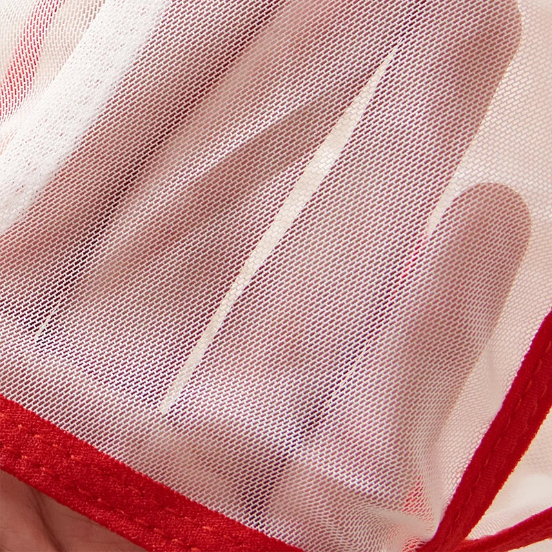 Red Transparent Color Blocked Mesh Hanging Neck Strap Bra Two-piece Sexy Women Deep V Bikini Style Underwear Set Erotic Costumes
