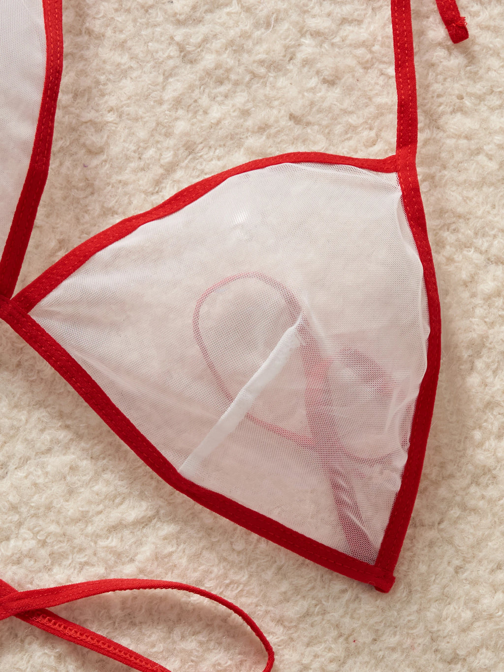 Red Transparent Color Blocked Mesh Hanging Neck Strap Bra Two-piece Sexy Women Deep V Bikini Style Underwear Set Erotic Costumes