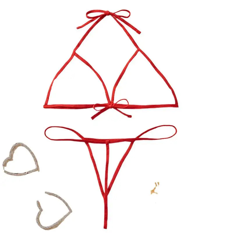Red Transparent Color Blocked Mesh Hanging Neck Strap Bra Two-piece Sexy Women Deep V Bikini Style Underwear Set Erotic Costumes