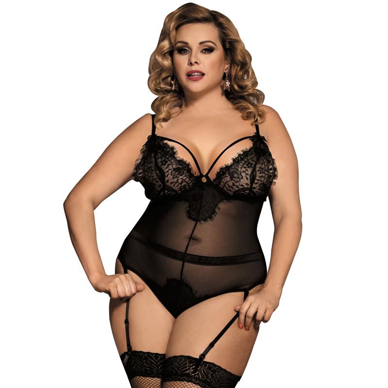 Plus Size Lace Lingerie Set with Suspender Nightgown
