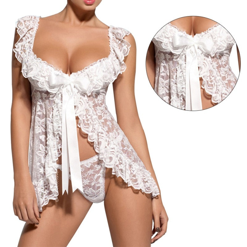 Plus Size Lace Lingerie Set with Sheer Nightgown